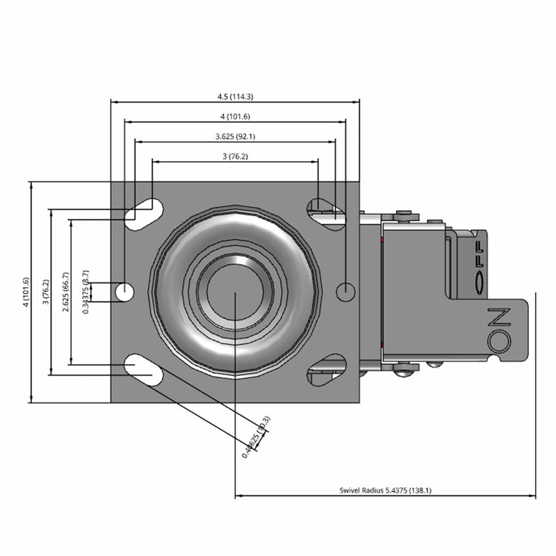 Side dimensioned CAD view of a Pemco Casters 4" x 2" wide wheel Swivel caster with 4" x 4-1/2" top plate, with a top total locking brake, Mold-on Poly wheel and 800 lb. capacity part