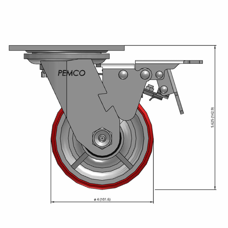 Front dimensioned CAD view of a Pemco Casters 4" x 2" wide wheel Swivel caster with 4" x 4-1/2" top plate, with a top total locking brake, Mold-on Poly wheel and 800 lb. capacity part