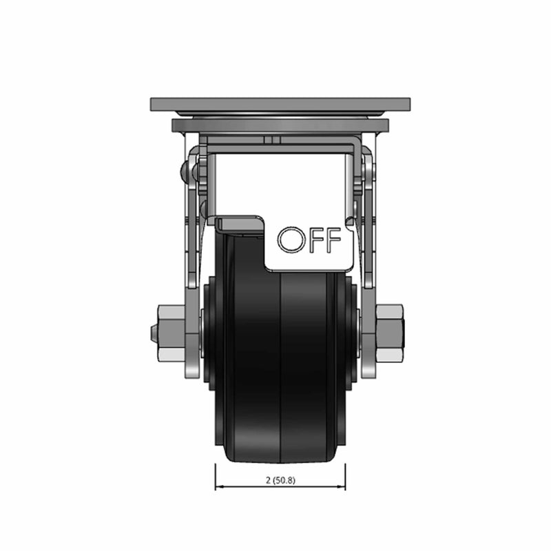 Top dimensioned CAD view of a Pemco Casters 4" x 2" wide wheel Swivel caster with 4" x 4-1/2" top plate, with a top total locking brake, Mold-on Rubber wheel and 400 lb. capacity part