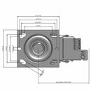 Side dimensioned CAD view of a Pemco Casters 4" x 2" wide wheel Swivel caster with 4" x 4-1/2" top plate, with a top total locking brake, Mold-on Rubber wheel and 400 lb. capacity part