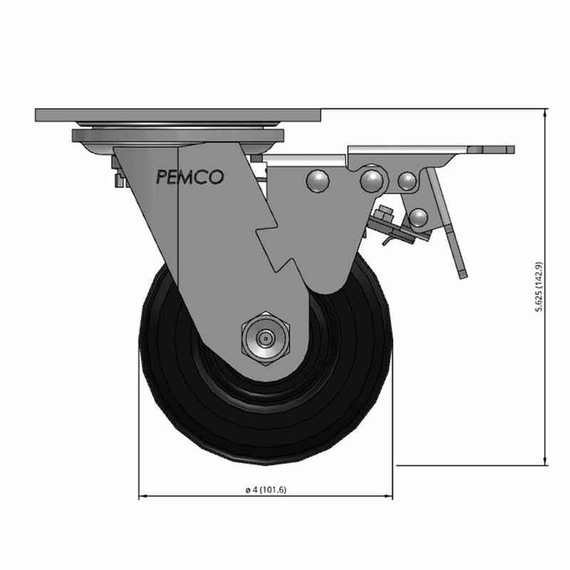 Front dimensioned CAD view of a Pemco Casters 4" x 2" wide wheel Swivel caster with 4" x 4-1/2" top plate, with a top total locking brake, Mold-on Rubber wheel and 400 lb. capacity part
