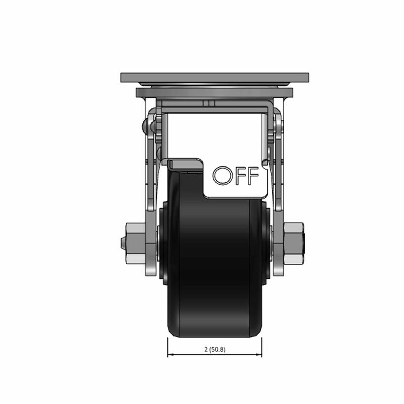 Top dimensioned CAD view of a Pemco Casters 4" x 2" wide wheel Swivel caster with 4" x 4-1/2" top plate, with a top total locking brake, Phenolic wheel and 800 lb. capacity part