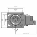 Side dimensioned CAD view of a Pemco Casters 4" x 2" wide wheel Swivel caster with 4" x 4-1/2" top plate, with a top total locking brake, Phenolic wheel and 800 lb. capacity part