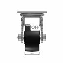 Top dimensioned CAD view of a Pemco Casters 4" x 2" wide wheel Swivel caster with 4" x 4-1/2" top plate, with a top total locking brake, Polypropylene HD wheel and 500 lb. capacity part
