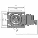Side dimensioned CAD view of a Pemco Casters 4" x 2" wide wheel Swivel caster with 4" x 4-1/2" top plate, with a top total locking brake, Polypropylene HD wheel and 500 lb. capacity part
