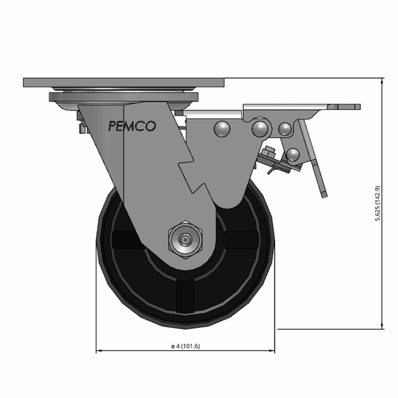 Front dimensioned CAD view of a Pemco Casters 4" x 2" wide wheel Swivel caster with 4" x 4-1/2" top plate, with a top total locking brake, Polypropylene HD wheel and 500 lb. capacity part