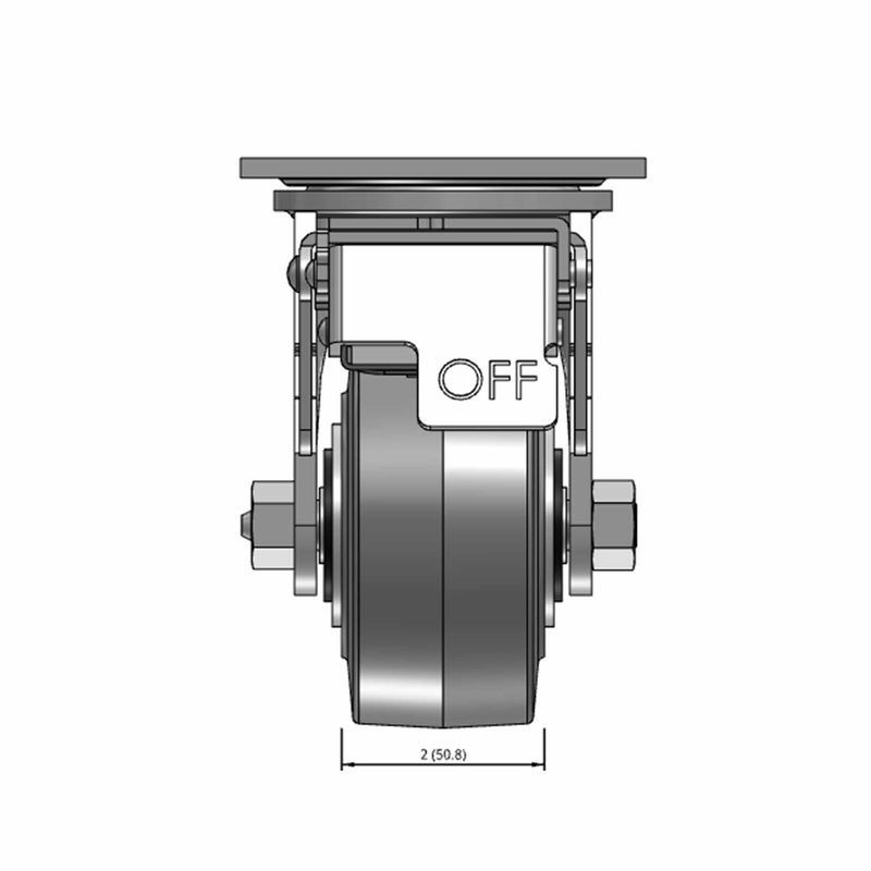 Top dimensioned CAD view of a Pemco Casters 4" x 2" wide wheel Swivel caster with 4" x 4-1/2" top plate, with a top total locking brake, Thermo-Rubber (Flat) wheel and 300 lb. capacity part