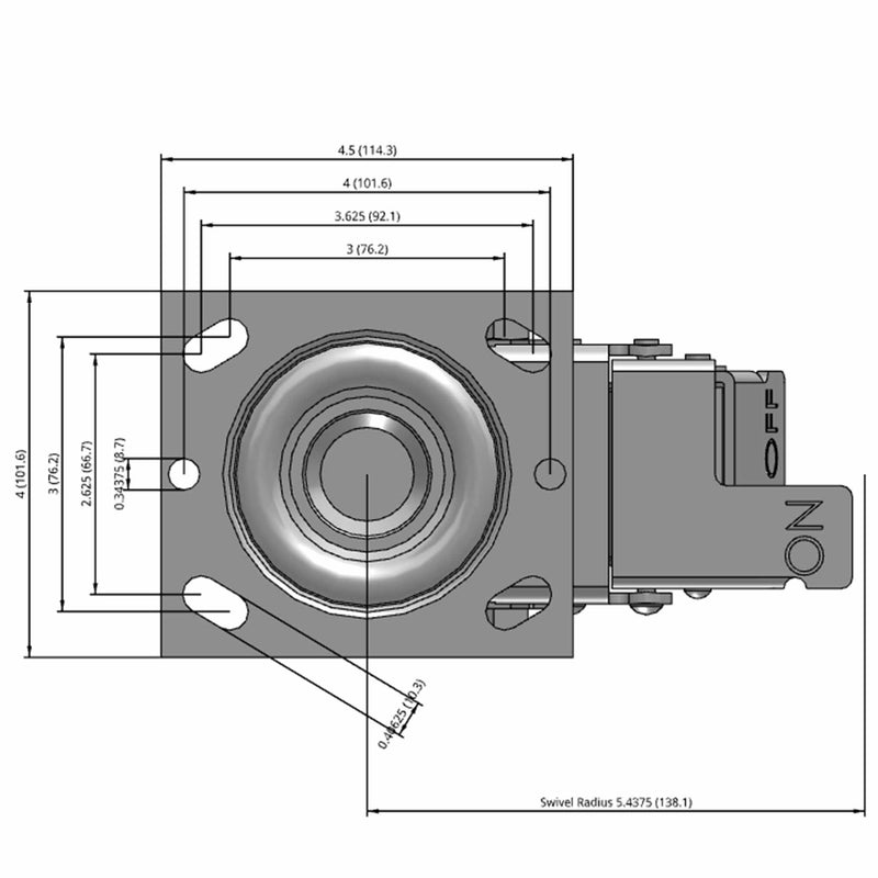 Side dimensioned CAD view of a Pemco Casters 4" x 2" wide wheel Swivel caster with 4" x 4-1/2" top plate, with a top total locking brake, Thermo-Rubber (Flat) wheel and 300 lb. capacity part