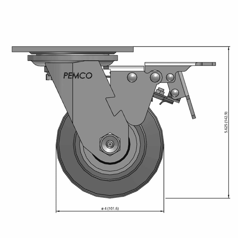 Front dimensioned CAD view of a Pemco Casters 4" x 2" wide wheel Swivel caster with 4" x 4-1/2" top plate, with a top total locking brake, Thermo-Rubber (Flat) wheel and 300 lb. capacity part