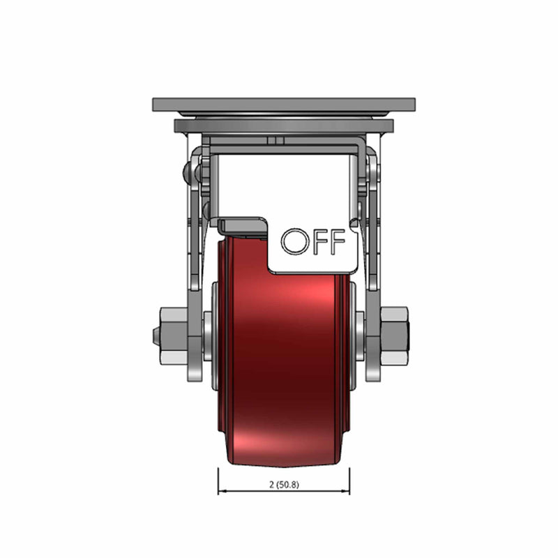 Top dimensioned CAD view of a Pemco Casters 4" x 2" wide wheel Swivel caster with 4" x 4-1/2" top plate, with a top total locking brake, Thermo-Urethane wheel and 500 lb. capacity part