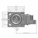 Side dimensioned CAD view of a Pemco Casters 4" x 2" wide wheel Swivel caster with 4" x 4-1/2" top plate, with a top total locking brake, Thermo-Urethane wheel and 500 lb. capacity part