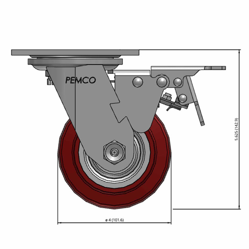 Front dimensioned CAD view of a Pemco Casters 4" x 2" wide wheel Swivel caster with 4" x 4-1/2" top plate, with a top total locking brake, Thermo-Urethane wheel and 500 lb. capacity part