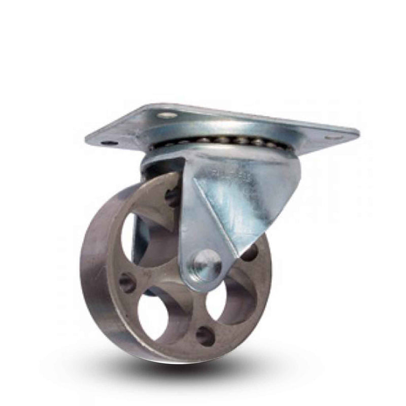 Main view of a Faultless Casters 4" x 1.375" wide wheel Swivel caster with 4" x 5-1/8" top plate, without a brake, Sintered Iron wheel and 450 lb. capacity part