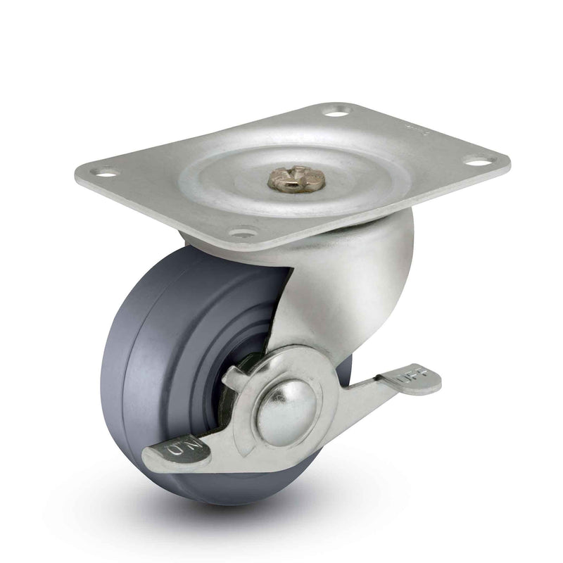 Main view of a Faultless Casters 2" x 1" wide wheel Swivel caster with 1-7/8" x 2-9/16" top plate, with a side locking brake, Hard Rubber wheel and 150 lb. capacity part