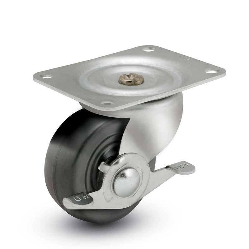 Main view of a Faultless Casters 2" x 1" wide wheel Swivel caster with 1-7/8" x 2-9/16" top plate, with a side locking brake, Soft Rubber wheel and 90 lb. capacity part