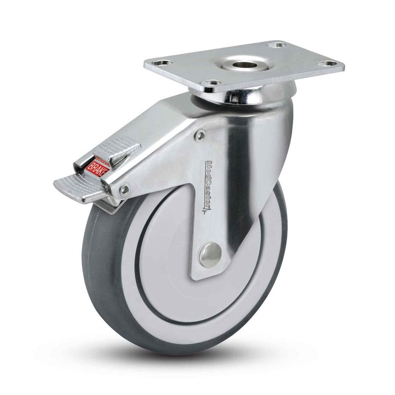 Main view of a MedCaster Casters 5" x 1.25" wide wheel Swivel caster with 2-1/2" x 3-5/8" top plate, with a top total locking brake, Thermoplastic Rubber wheel and 260 lb. capacity part