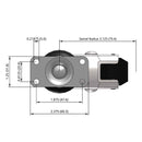 Side dimensioned CAD view of a Shepherd Casters 3" x 0.94" wide wheel Swivel caster with 1-1/4" x 2-3/8" top plate, with a top wheel lock brake, MonoTech wheel and 110 lb. capacity part