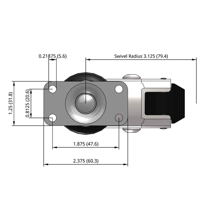 Side dimensioned CAD view of a Shepherd Casters 3" x 0.94" wide wheel Swivel caster with 1-1/4" x 2-3/8" top plate, with a top wheel lock brake, MonoTech wheel and 110 lb. capacity part