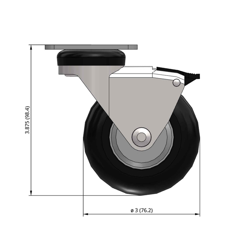 Front dimensioned CAD view of a Shepherd Casters 3" x 0.94" wide wheel Swivel caster with 1-1/4" x 2-3/8" top plate, with a top wheel lock brake, MonoTech wheel and 110 lb. capacity part