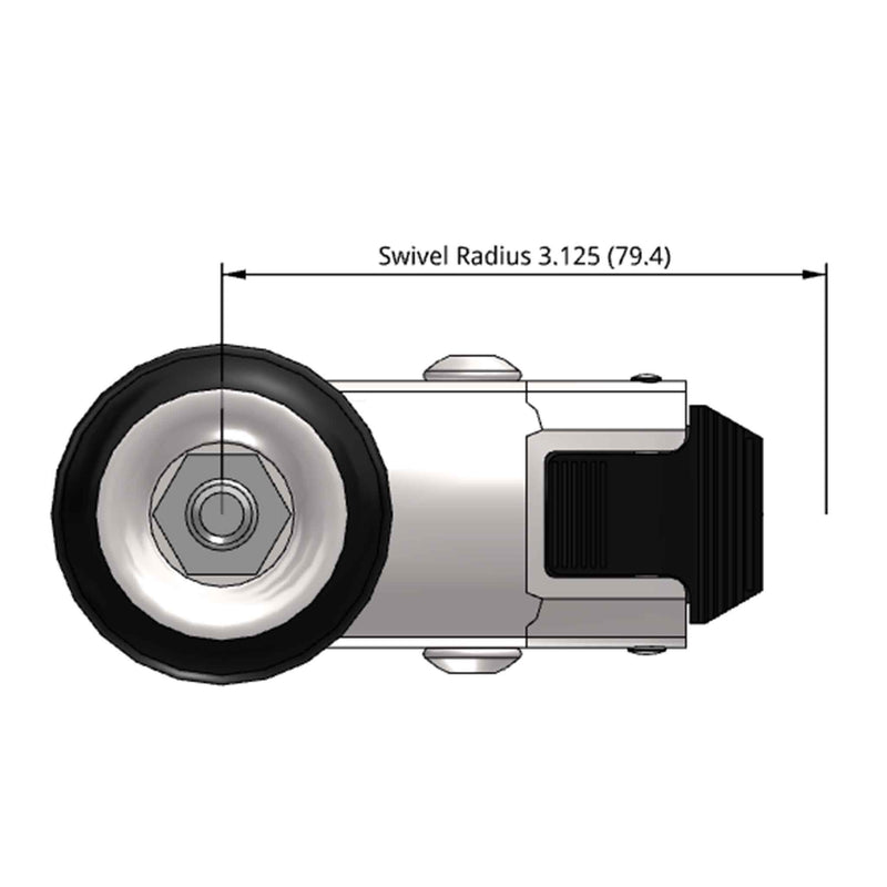 Side dimensioned CAD view of a Shepherd Casters 3" x 0.94" wide wheel Swivel caster with 5/16" x 1-1/2" tapered stem, with a top wheel lock brake, MonoTech wheel and 110 lb. capacity part