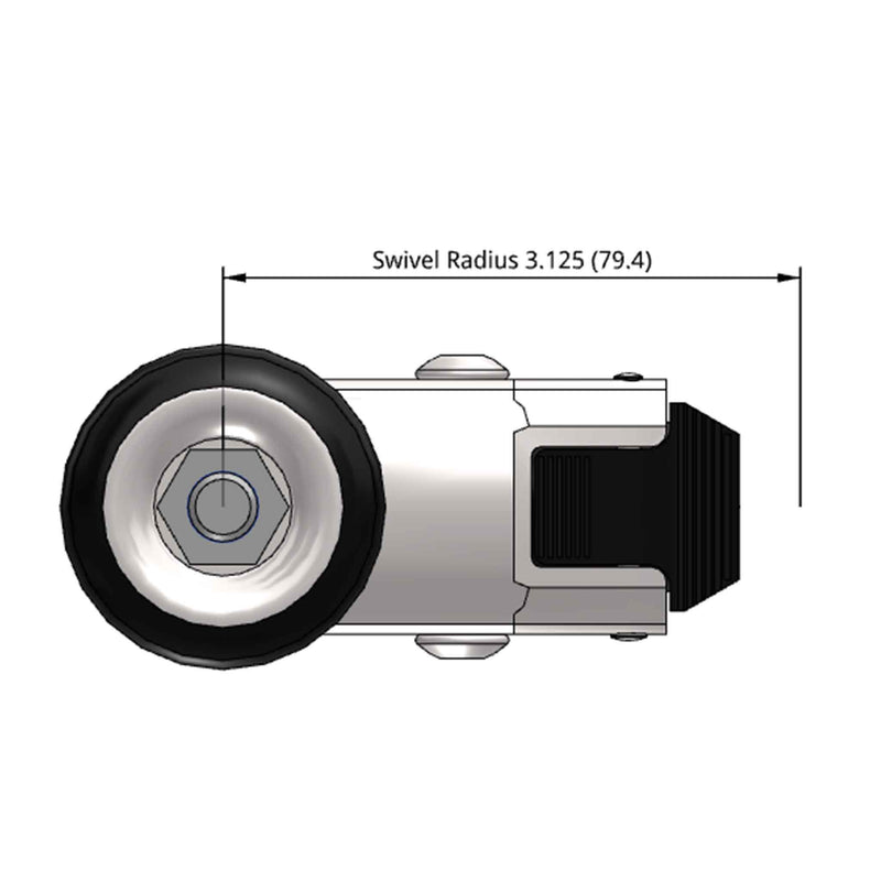 Side dimensioned CAD view of a Shepherd Casters 3" x 0.94" wide wheel Swivel caster with 3/8"-16 x 1-1/2" stud, with a top wheel lock brake, MonoTech wheel and 110 lb. capacity part