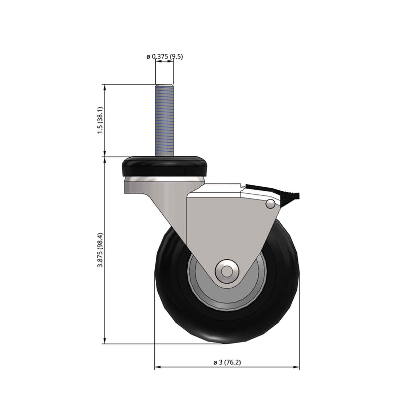 Front dimensioned CAD view of a Shepherd Casters 3" x 0.94" wide wheel Swivel caster with 3/8"-16 x 1-1/2" stud, with a top wheel lock brake, MonoTech wheel and 110 lb. capacity part