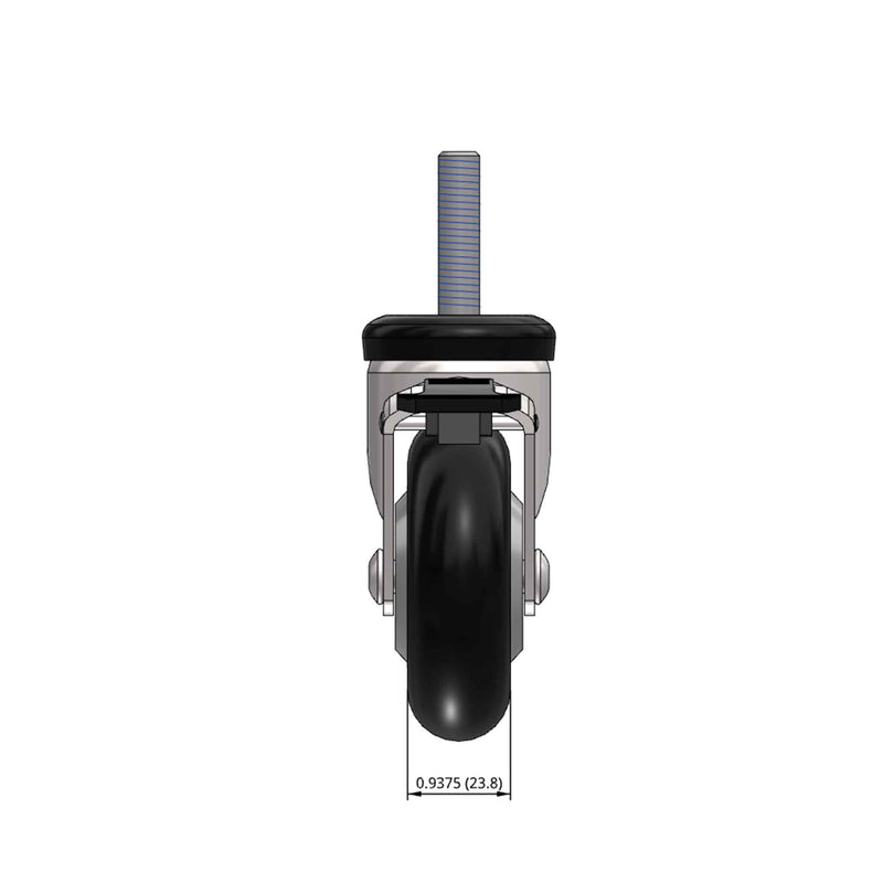 Top dimensioned CAD view of a Shepherd Casters 3" x 0.94" wide wheel Swivel caster with 3/8"-16 x 1-1/2" stud, with a top wheel lock brake, MonoTech wheel and 110 lb. capacity part