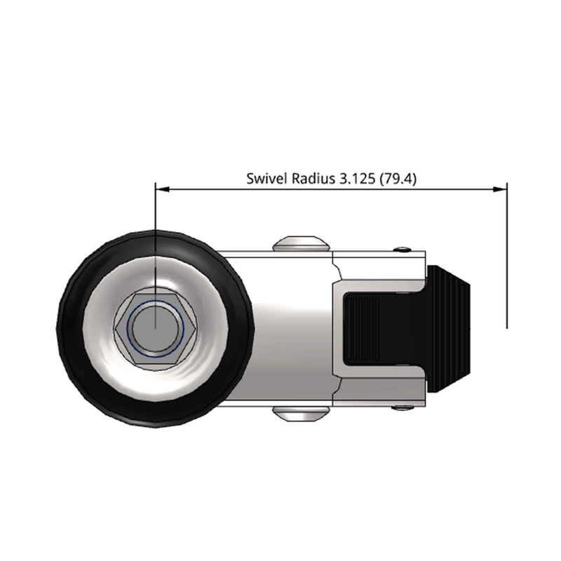 Side dimensioned CAD view of a Shepherd Casters 3" x 0.94" wide wheel Swivel caster with 1/2"-13 x 1-1/2" stud, with a top wheel lock brake, MonoTech wheel and 110 lb. capacity part