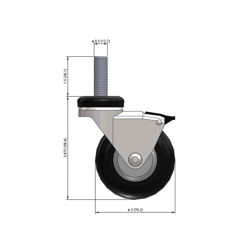 Front dimensioned CAD view of a Shepherd Casters 3" x 0.94" wide wheel Swivel caster with 1/2"-13 x 1-1/2" stud, with a top wheel lock brake, MonoTech wheel and 110 lb. capacity part