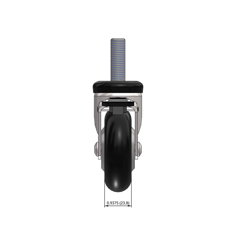 Top dimensioned CAD view of a Shepherd Casters 3" x 0.94" wide wheel Swivel caster with 1/2"-13 x 1-1/2" stud, with a top wheel lock brake, MonoTech wheel and 110 lb. capacity part