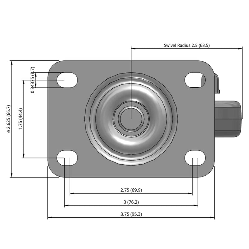 Side dimensioned CAD view of a Shepherd Casters 3" x 0.8125" wide wheel Swivel caster with 2-5/8" x 3-3/4" top plate, with a side locking brake, Thermoplastic Rubber wheel and 110 lb. capacity part