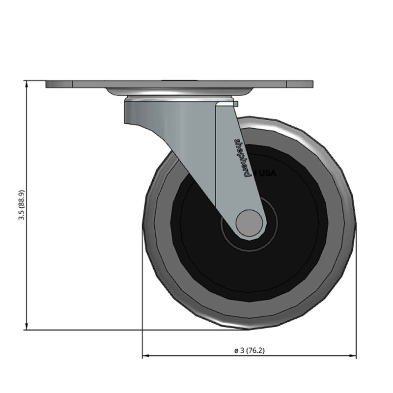 Front dimensioned CAD view of a Shepherd Casters 3" x 0.8125" wide wheel Swivel caster with 2-5/8" x 3-3/4" top plate, with a side locking brake, Thermoplastic Rubber wheel and 110 lb. capacity part