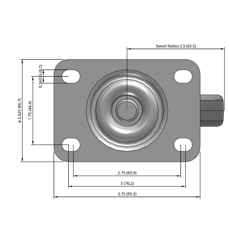 Side dimensioned CAD view of a Shepherd Casters 3" x 0.8125" wide wheel Swivel caster with 2-5/8" x 3-3/4" top plate, without a brake, Thermoplastic Rubber wheel and 110 lb. capacity part