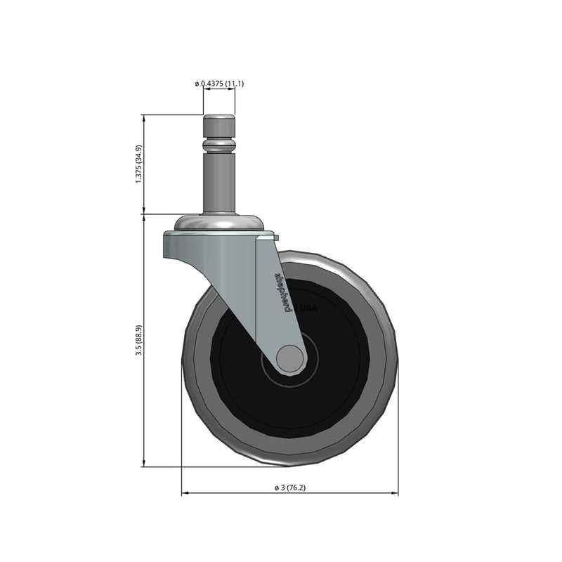 Front dimensioned CAD view of a Shepherd Casters 3" x 0.8125" wide wheel Swivel caster with 7/16" x 1-3/8" brass band, without a brake, Thermoplastic Rubber wheel and 110 lb. capacity part
