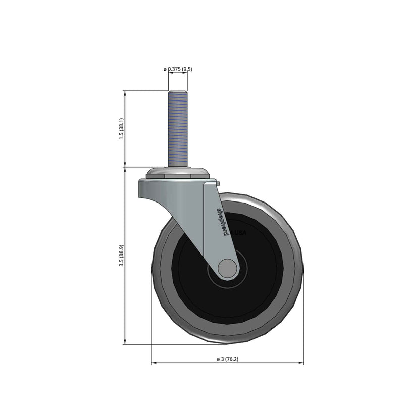 Front dimensioned CAD view of a Shepherd Casters 3" x 0.8125" wide wheel Swivel caster with 3/8"-16 x 1-1/2" stud, with a side locking brake, Thermoplastic Rubber wheel and 110 lb. capacity part