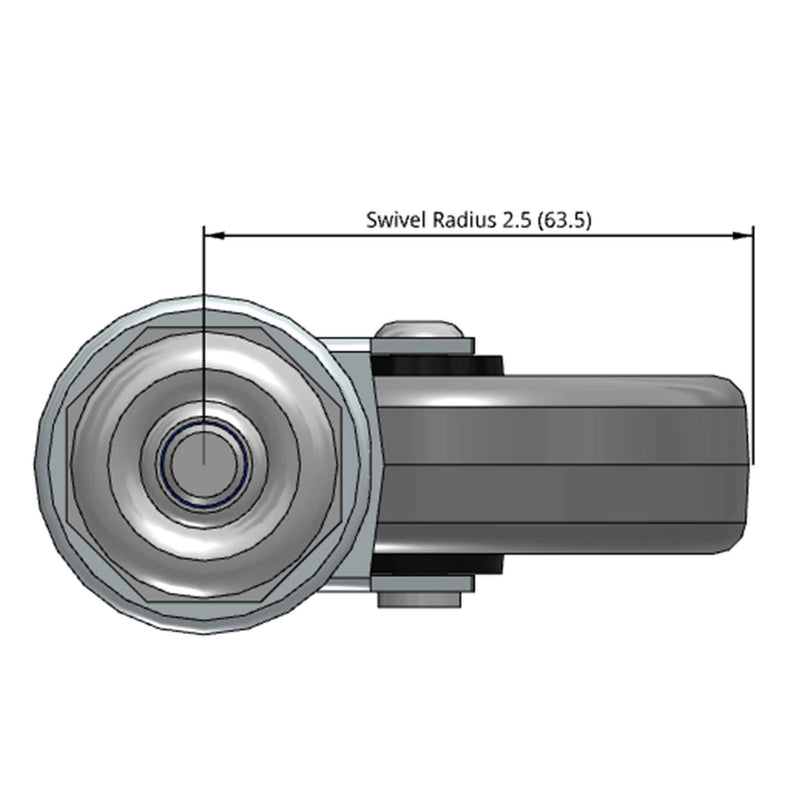 Side dimensioned CAD view of a Shepherd Casters 3" x 0.8125" wide wheel Swivel caster with 3/8"-16 x 1-1/2" stud, without a brake, Thermoplastic Rubber wheel and 110 lb. capacity part