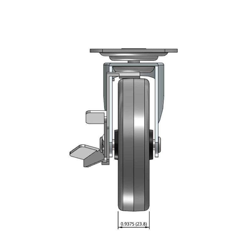 Top dimensioned CAD view of a Shepherd Casters 4" x 0.94" wide wheel Swivel caster with 2-5/8" x 3-3/4" top plate, with a side locking brake, Thermoplastic Rubber wheel and 125 lb. capacity part