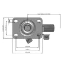 Side dimensioned CAD view of a Shepherd Casters 4" x 0.94" wide wheel Swivel caster with 2-5/8" x 3-3/4" top plate, with a side locking brake, Thermoplastic Rubber wheel and 125 lb. capacity part