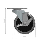 Front dimensioned CAD view of a Shepherd Casters 4" x 0.94" wide wheel Swivel caster with 2-5/8" x 3-3/4" top plate, with a side locking brake, Thermoplastic Rubber wheel and 125 lb. capacity part