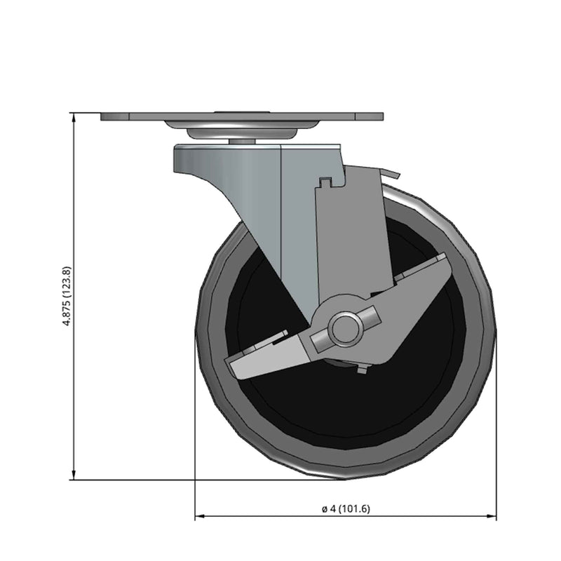Front dimensioned CAD view of a Shepherd Casters 4" x 0.94" wide wheel Swivel caster with 2-5/8" x 3-3/4" top plate, with a side locking brake, Thermoplastic Rubber wheel and 125 lb. capacity part