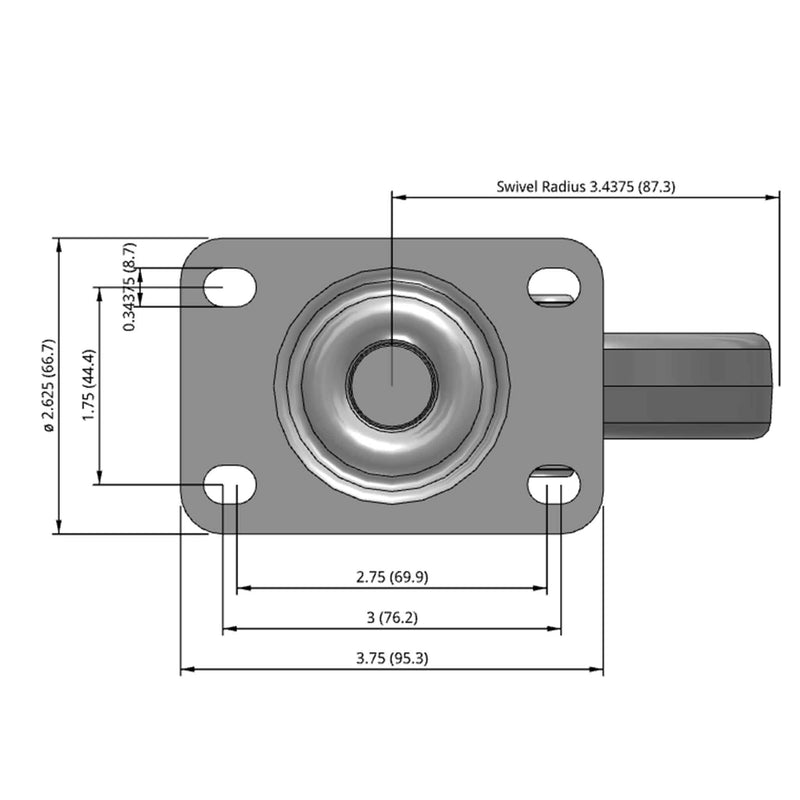 Side dimensioned CAD view of a Shepherd Casters 4" x 0.94" wide wheel Swivel caster with 2-5/8" x 3-3/4" top plate, without a brake, Thermoplastic Rubber wheel and 125 lb. capacity part