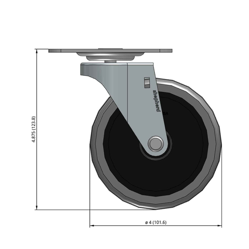 Front dimensioned CAD view of a Shepherd Casters 4" x 0.94" wide wheel Swivel caster with 2-5/8" x 3-3/4" top plate, without a brake, Thermoplastic Rubber wheel and 125 lb. capacity part