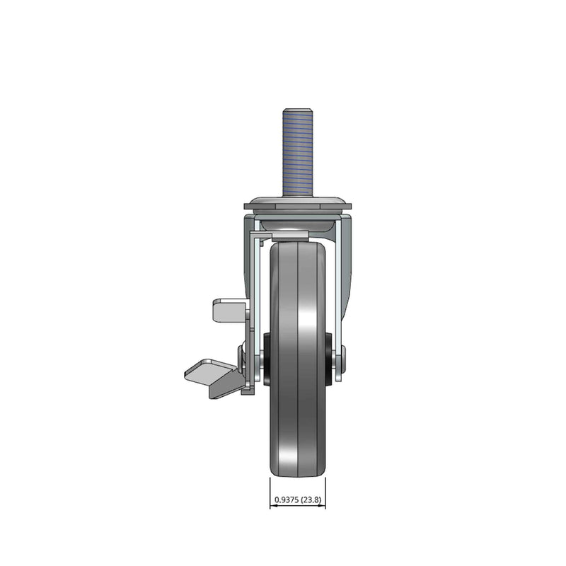 Top dimensioned CAD view of a Shepherd Casters 4" x 0.94" wide wheel Swivel caster with 7/16" x 1-3/8" brass band, with a side locking brake, Thermoplastic Rubber wheel and 125 lb. capacity part