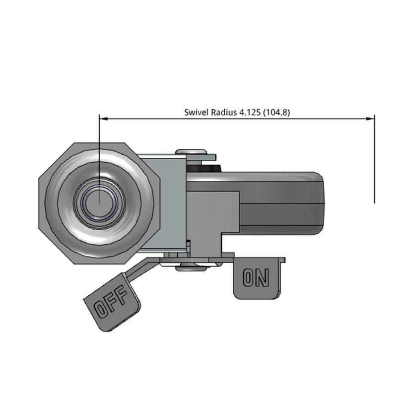 Side dimensioned CAD view of a Shepherd Casters 4" x 0.94" wide wheel Swivel caster with 1/2"-13 x 1-1/2" stud, with a side locking brake, Thermoplastic Rubber wheel and 125 lb. capacity part