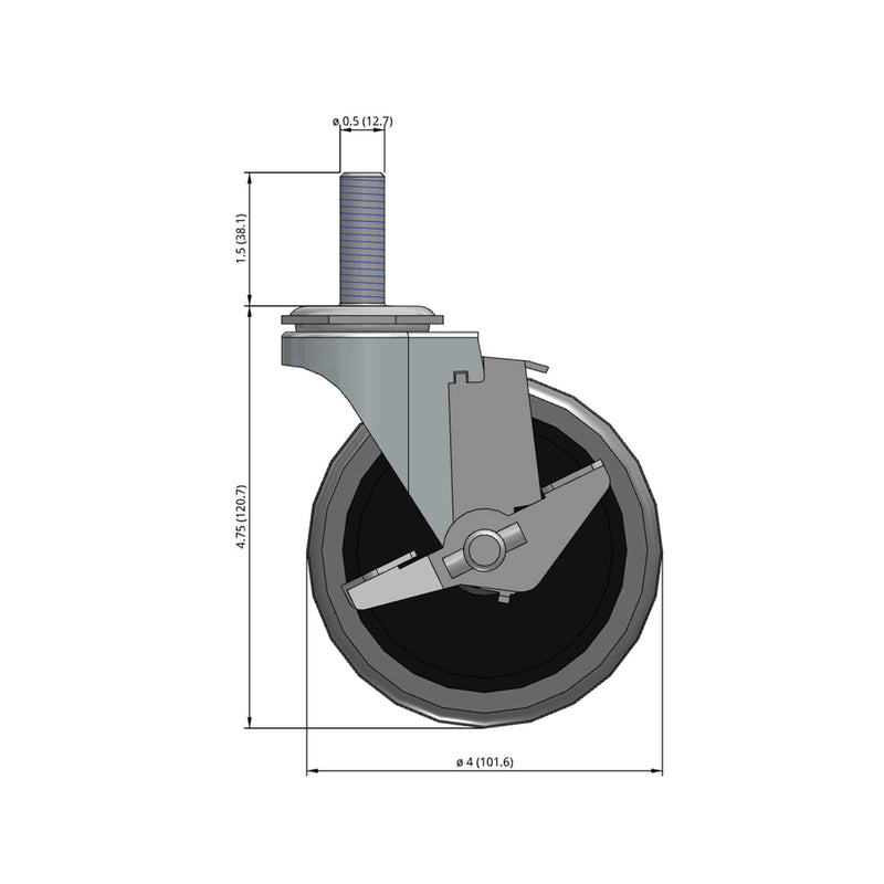 Front dimensioned CAD view of a Shepherd Casters 4" x 0.94" wide wheel Swivel caster with 1/2"-13 x 1-1/2" stud, with a side locking brake, Thermoplastic Rubber wheel and 125 lb. capacity part