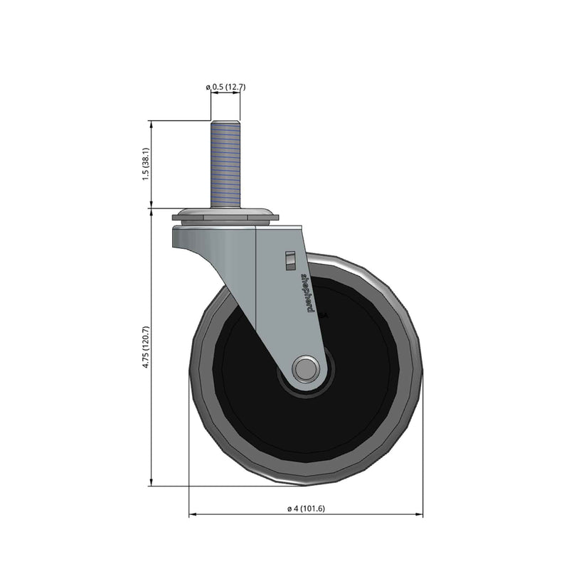 Front dimensioned CAD view of a Shepherd Casters 4" x 0.94" wide wheel Swivel caster with 1/2"-13 x 1-1/2" stud, without a brake, Thermoplastic Rubber wheel and 125 lb. capacity part