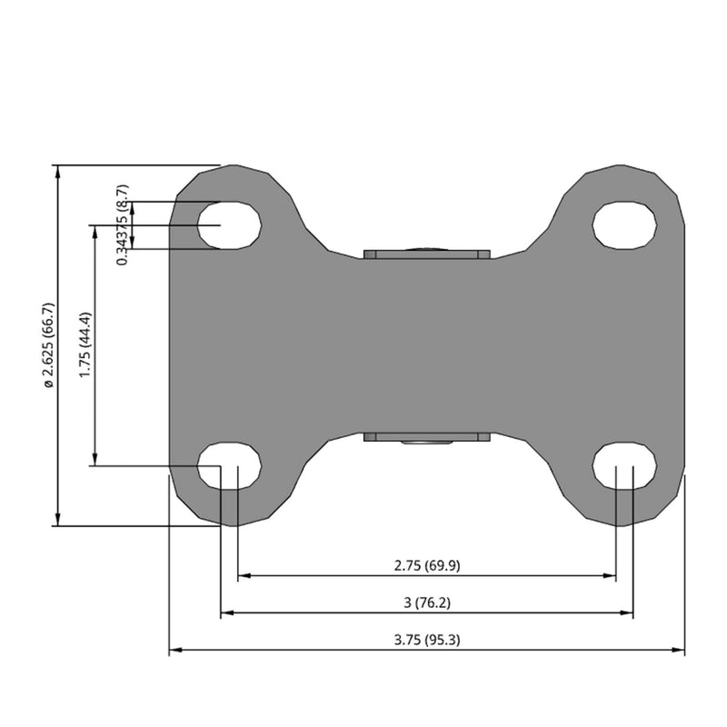 Side dimensioned CAD view of a Shepherd Casters 3" x 0.8125" wide wheel Rigid caster with 2-5/8" x 3-3/4" top plate, without a brake, Thermoplastic Rubber wheel and 110 lb. capacity part