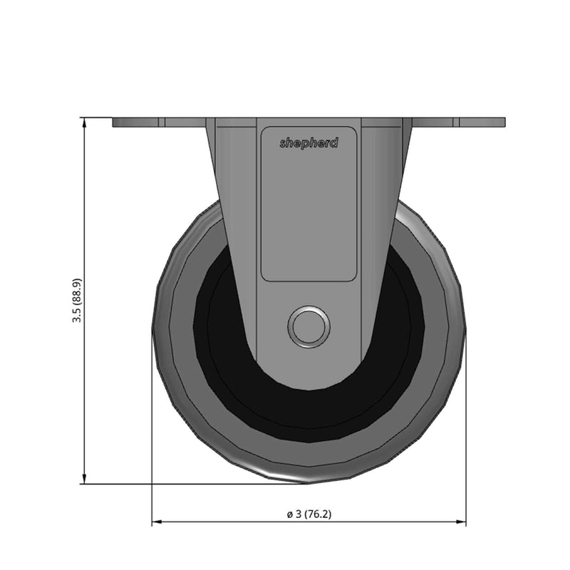 Front dimensioned CAD view of a Shepherd Casters 3" x 0.8125" wide wheel Rigid caster with 2-5/8" x 3-3/4" top plate, without a brake, Thermoplastic Rubber wheel and 110 lb. capacity part