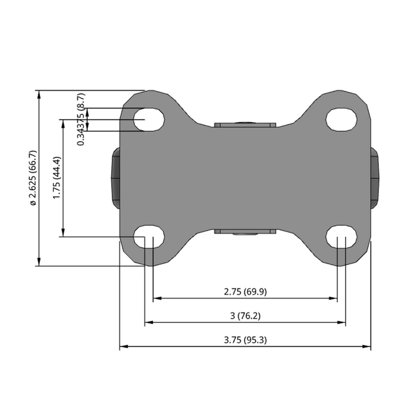 Side dimensioned CAD view of a Shepherd Casters 4" x 0.94" wide wheel Rigid caster with 2-5/8" x 3-3/4" top plate, without a brake, Thermoplastic Rubber wheel and 125 lb. capacity part