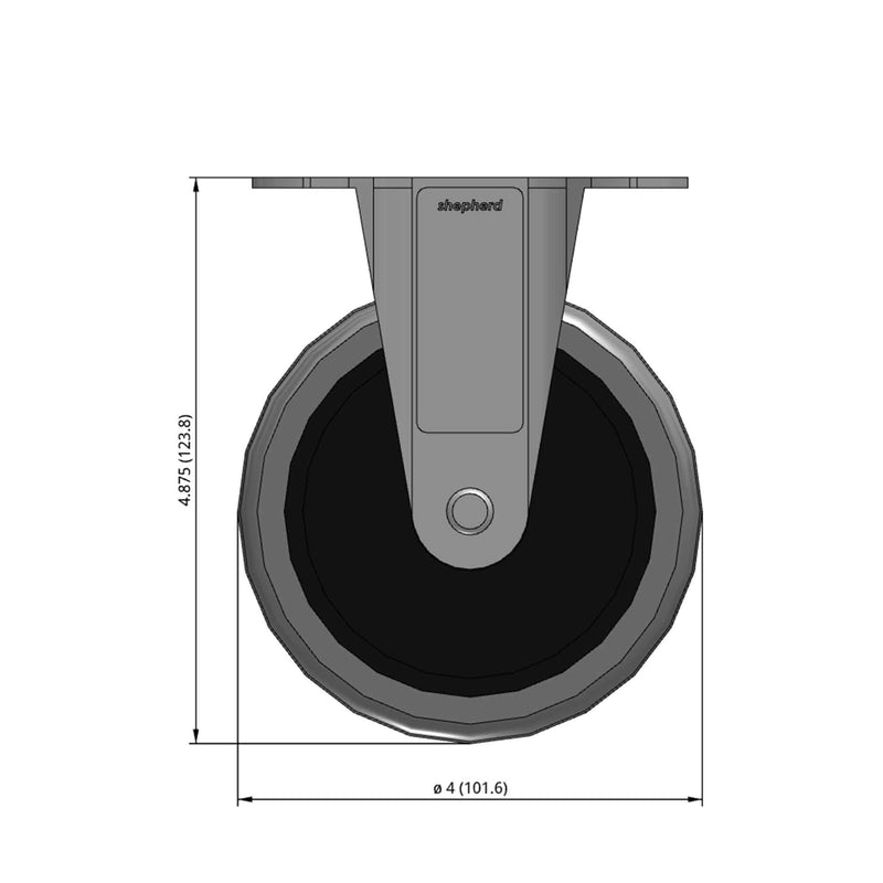 Front dimensioned CAD view of a Shepherd Casters 4" x 0.94" wide wheel Rigid caster with 2-5/8" x 3-3/4" top plate, without a brake, Thermoplastic Rubber wheel and 125 lb. capacity part